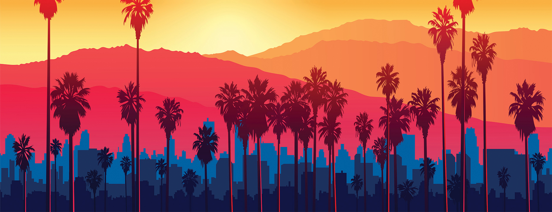 an illustration of los angeles with palm trees in the foreground
